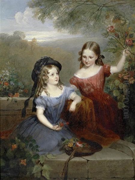 Two Young Girls Gathering Flowers Oil Painting by Charles Baxter