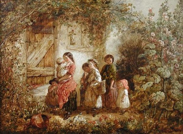 Girls Carrying Infants And Approaching The Door Of A Day School, In A Cottage Garden Setting With Roses Oil Painting by Charles Baxter