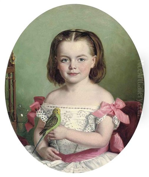 Portrait Of Mary Ann Maitland-wilson Of Greystone Towers, In A White Dress With Red Ribbons, Holding Her Budgerigar Oil Painting by Charles Baxter