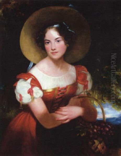 Portrait Of A Young Girl Carrying A Basket Of Grapes Oil Painting by Charles Baxter