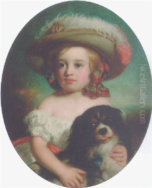 Portrait Of A Young Girl, In A White Dress And A Plumed Hat, With A Spaniel Oil Painting by Charles Baxter