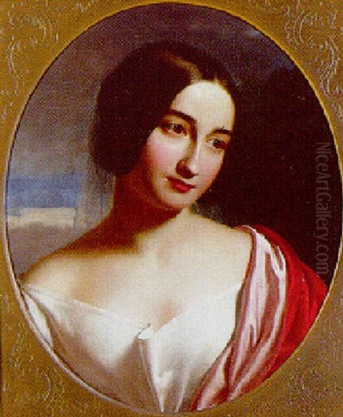 Portrait Of A Lady In A White Dress And Red Wrap Oil Painting by Charles Baxter