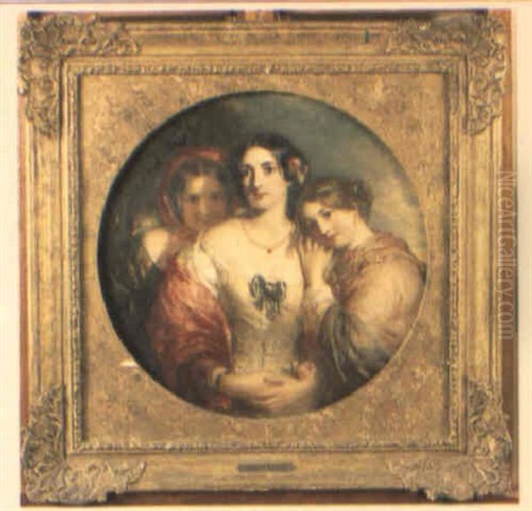 Portrait Of A Lady With Her Two Daughters Oil Painting by Charles Baxter