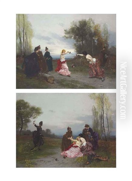 The Duel (+ The Reconciliation; 2 Works) Oil Painting by Emile Antoine Bayard