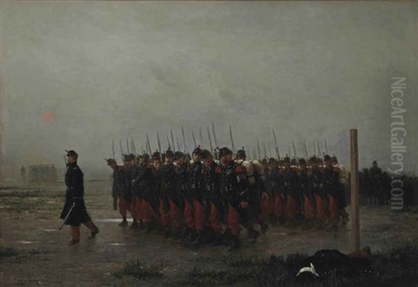 A Garrison Of The French Infantry Of The Line Being Paraded Oil Painting by Emile Antoine Bayard