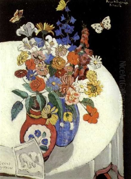 Vases De Fleurs Et Livre Sur Une Table Oil Painting by Pierre H. Bayaux