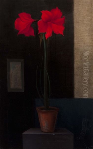 Amaryllis In Earthenware Pot Oil Painting by Han Bayens