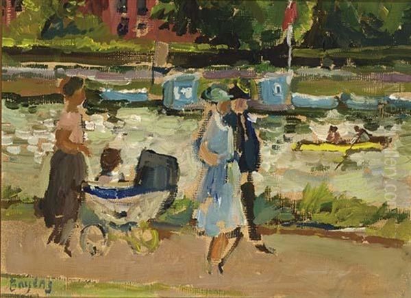 Strolling Along The Riverside On A Sunny Afternoon Oil Painting by Han Bayens