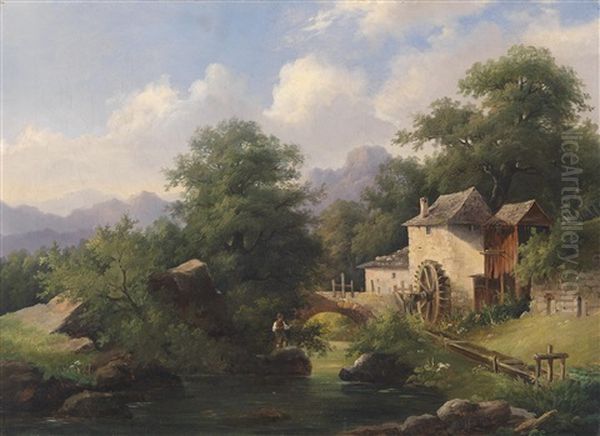 Muhle Mit Angler, Afflenz In Der Steiermark Oil Painting by Anton Bayer