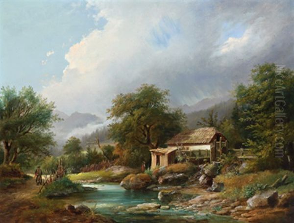 Romantische Gebirgslandschaft Mit Bauernhaus Oil Painting by Anton Bayer