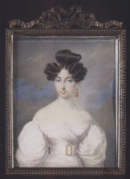 A Young Lady Wearing Decollete White Dress, The Waistband With Gold Buckle And Drop Gold Earrings, Her Hair In Loops And Ringlets Oil Painting by Anton Bayer