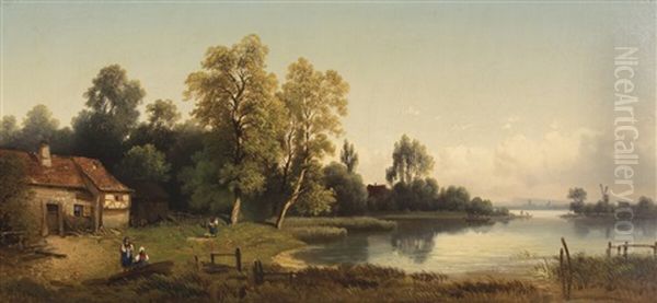 Landscape With Farm House Oil Painting by Julius Bayer