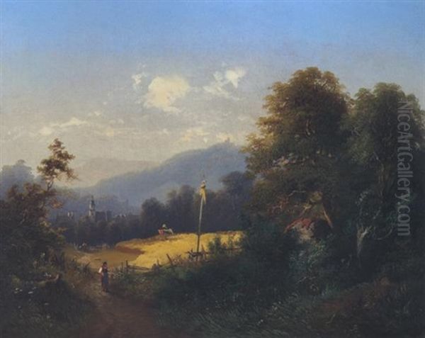 Gebirgslandschaft Mit Blick Auf Eine Ortskirche Oil Painting by Julius Bayer