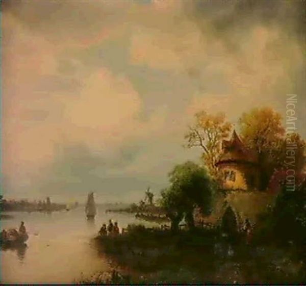 Fischfang Am Flussufer Oil Painting by Julius Bayer