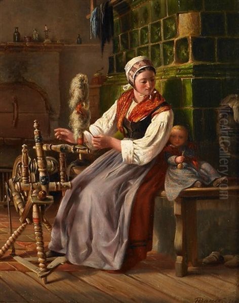 Mutter Mit Kind Am Spinnrad Vor Dem Kachelofen Oil Painting by Hermann Bayer