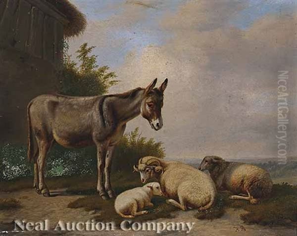 Burro With Sheep Oil Painting by Hermann Bayer