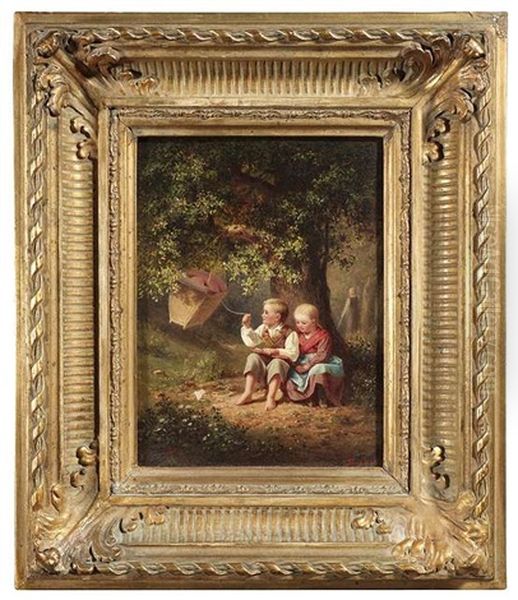 Waldinneres Mit Zwei Kindern Unter Einem Baum Oil Painting by Hermann Bayer