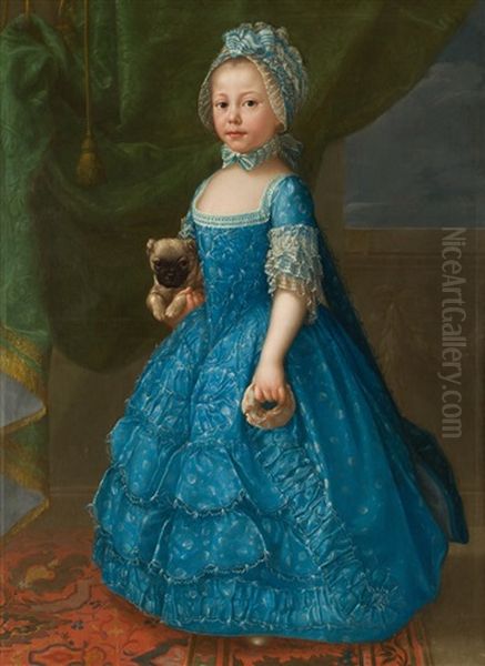 La Nina Maria Teresa Del Castillo Sosteniendo Con Sus Manos Un Perrito Y Una Rosquilla. Hacia Oil Painting by D. Francisco Bayeu y Subias