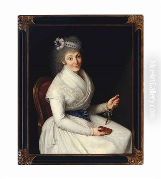 Portrait Of A Lady, Seated Three-quarter Length, Wearing A White Dress With Lace Trim, A Blue And White Ribbon In Her Hair Holding A Fan And A Book Oil Painting by D. Francisco Bayeu y Subias