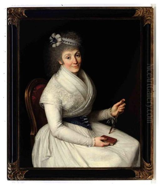 Portrait Of A Lady, Wearing A White Dress With Lace Trim, A Blue And White Ribbon In Her Hair Holding A Fan And A Book Oil Painting by D. Francisco Bayeu y Subias