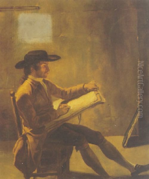 An Artist Sketching In An Interior Oil Painting by D. Francisco Bayeu y Subias