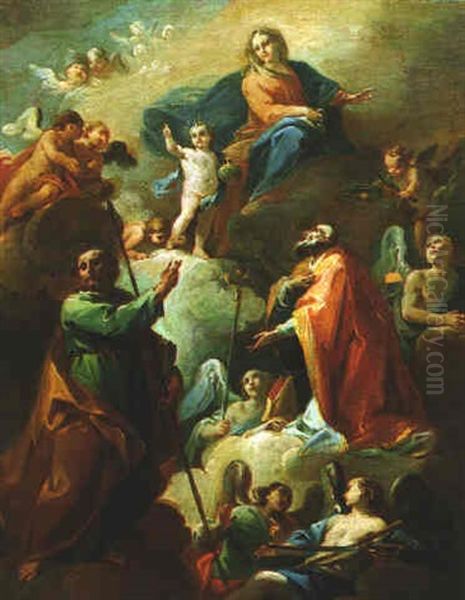 The Virgin And Child In Glory With A Bishop Saint, Saint Thomas Holding A Spear And Putti In Adoration Oil Painting by D. Francisco Bayeu y Subias