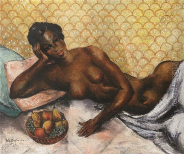 Reclining Nude Black Woman With A Bowl Of Fruit Oil Painting by Abraham S. Baylinson