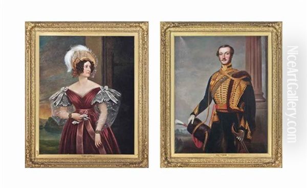 Portrait Of Elizabeth Surtees, Nee Cookson, Three-quarter-length...; Portrait Of Henry Edward Surtees Of Redworth (1819-1895), Standing... (pair) Oil Painting by Charles-Louis Bazin