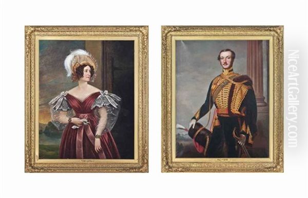 Portrait Of Elizabeth Surtees, Nee Cookson, Three-quarter-length... (+ Portrait Of Henry Edward Surtees Of Redworth (1819-1895), Standing; Pair) Oil Painting by Charles-Louis Bazin