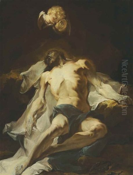 Christ Mourned By Seraphim Oil Painting by Giuseppe Bazzani