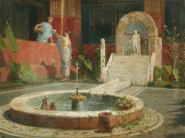 Maidens In A Roman Atrium Oil Painting by Luigi Bazzani