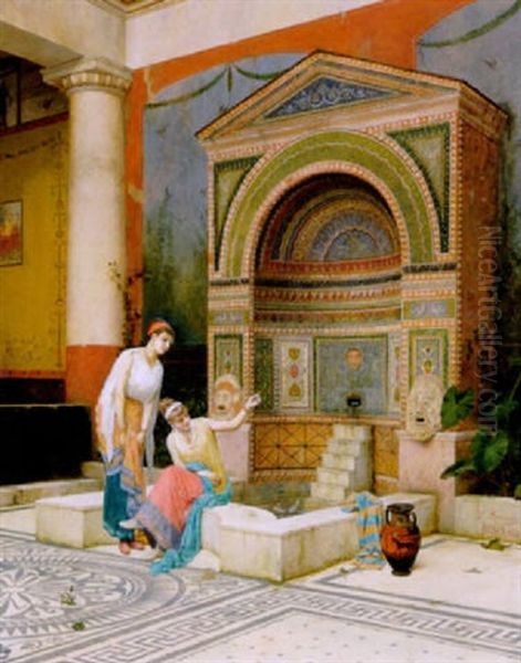 Pompeijanisches Atrium Mit Fischen Futternden Frauen Oil Painting by Luigi Bazzani