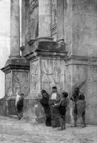 Figures Before The Arco Di Settimio Severo, Roman Forum Oil Painting by Luigi Bazzani