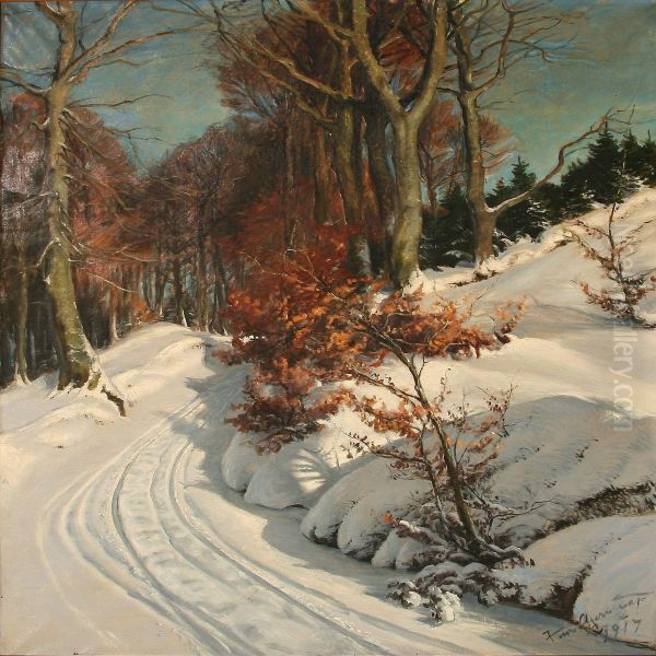 Winter Day On A Forest Road In Munkebjerg, Denmark Oil Painting by Hans Agersnap