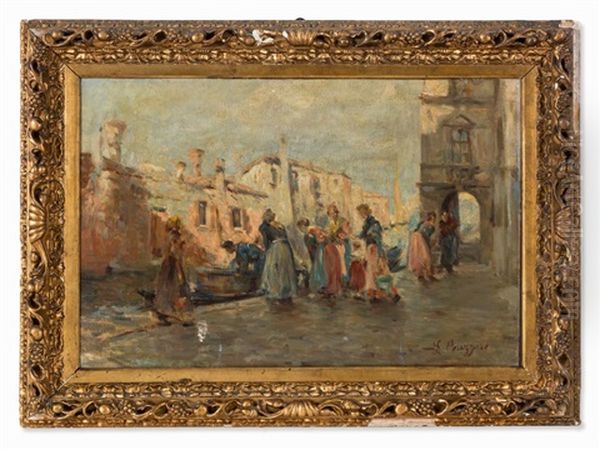 Fish Dealers In Chioggia Oil Painting by Leonardo Bazzaro