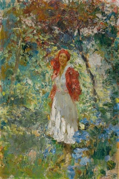 Junge Frau Mit Rotem Kopftuch Im Sommergarten Oil Painting by Leonardo Bazzaro