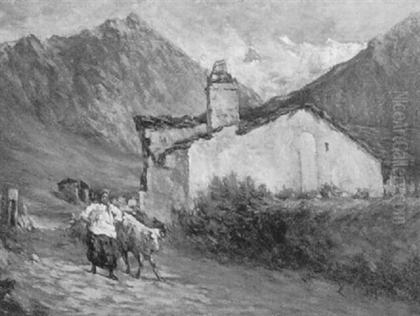 Magd Mit Kalb Vor Bauernhaus Im Gebirge Oil Painting by Leonardo Bazzaro