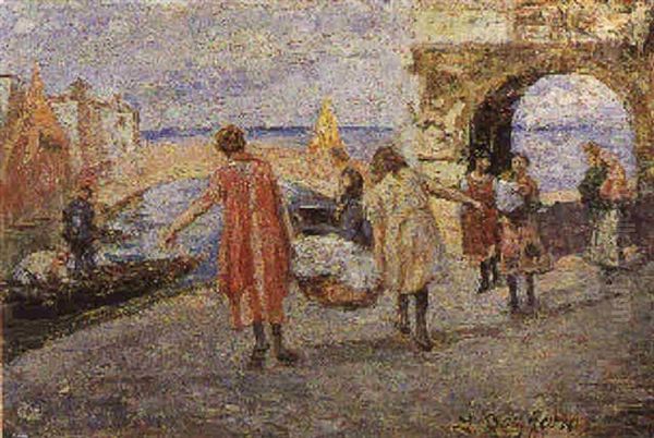 Lavandaie A Chioggia Oil Painting by Leonardo Bazzaro