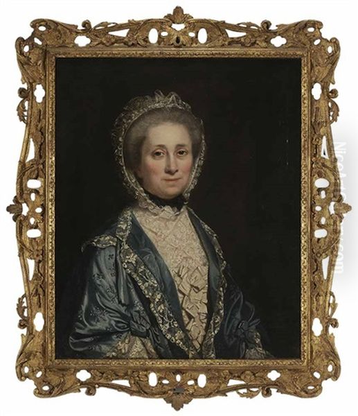 Portrait Of A Lady In Blue Lace-trimmed Gown Oil Painting by Thomas Beach