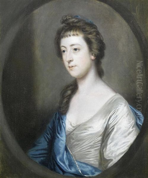 Portrait Of A Lady, Half-length, In A Blue And Silver Dress Oil Painting by Thomas Beach