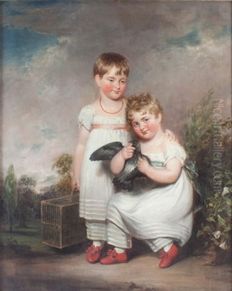 Portrait Of Children With A Racing Bird Oil Painting by Thomas Beach