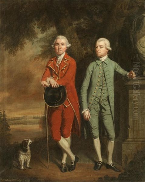 Portrait Of Edmund Pytts And His Brother Samuel Standing By A Commemorative Urn In Parkland With A Spaniel, A View Of Kyre House Beyond Oil Painting by Thomas Beach