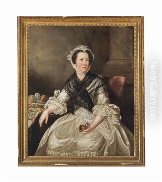 Portrait Of Elisabeth Helyar (d.1786) Nee Weston, Three-quarter-length, In An Oyster Dress With A Lace Shawl, Holding A Miniature Box, In An Interior Oil Painting by Thomas Beach