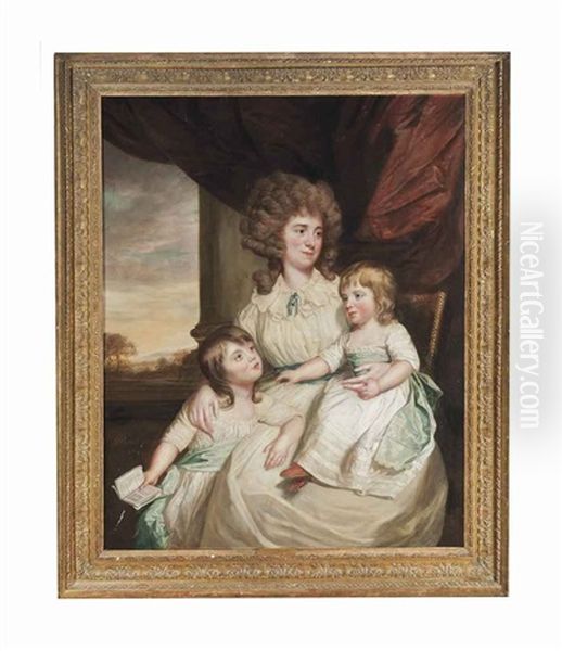 Portrait Of Mrs. Helyar Junior, Three-quarter-length, In A White Dress, With Her Two Children Harriet And Henry, Before A Draped Column, A Landscape Beyond Oil Painting by Thomas Beach