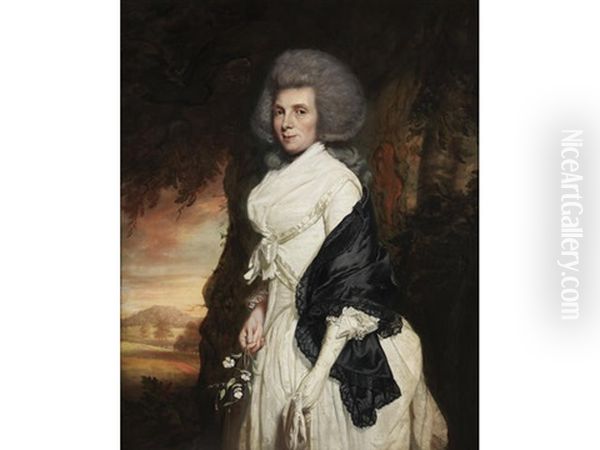 Portrait Of Anne Henrietta Penruddocke, Three-quarter-length, In A White Silk Dress, Standing Before A Landscape Oil Painting by Thomas Beach