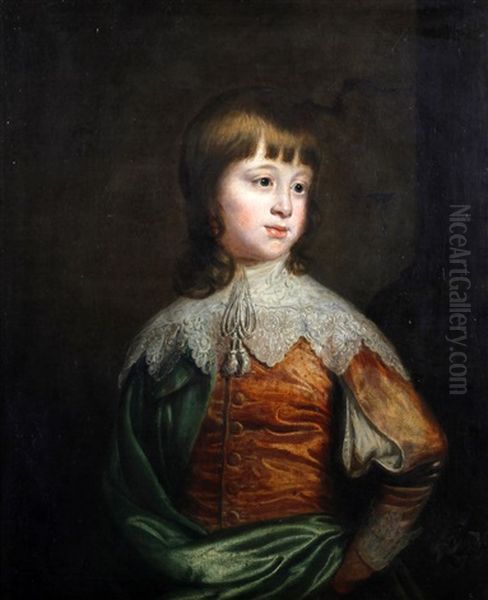 Portrait Of A Young Boy, Wearing A Lace Collar And Green Robe Oil Painting by Thomas Beach