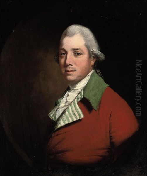 Portrait Of Sir Henry Dashwood Peyton, Bt., In A Red Coat With A Green Collar And Striped Facings Oil Painting by Thomas Beach