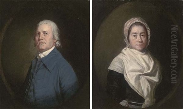 Portrait Of Mr. Highmore Skeats Snr., Former Organist At Canterbury Cathedral (+ Porrtrait Of His Wife In A Black Dress With A White Shawl And Bonnet; Pair) Oil Painting by Thomas Beach