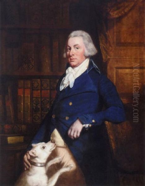 Portrait Of Samuel Rodbard Standing In A Library With His Dog Oil Painting by Thomas Beach