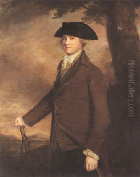 Portrait Of Coplestone Warre Bamfylde Standing In A Landscape Wearing A Brown Coat And Holding A Stick Oil Painting by Thomas Beach